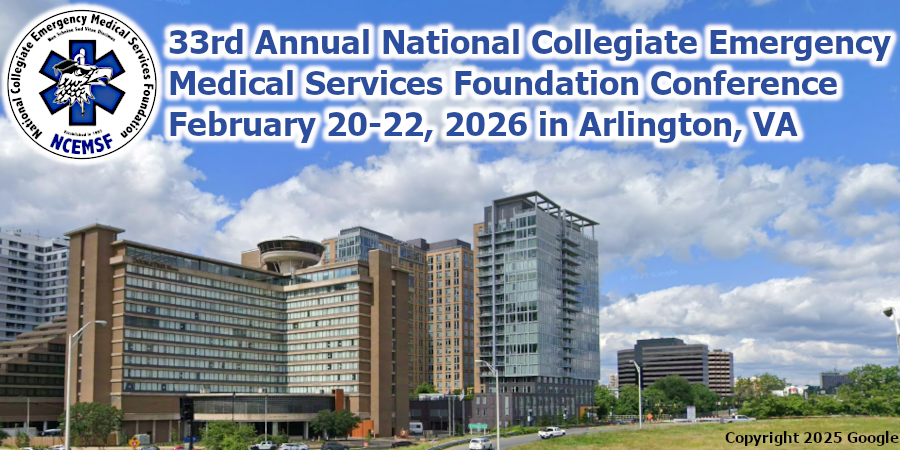 A photograph of the host hotel (DoubleTree by Hilton Washington, DC-Crystal City) from an adjacent roadway. Various other buildings are visible to either side, with trees to the far right of the photograph. At the top is the NCEMSF logo and the text 33rd Annual National Collegiate Emergency Medical Services Foundation Conference, February 20-22, 2026 in Arlington, VA.